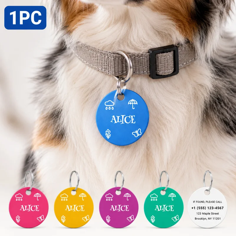 Custom Double‑Sided Engraved Metal Pet ID Dog Tag With Cute Patterns, Personalized With Name, Phone Number and Address