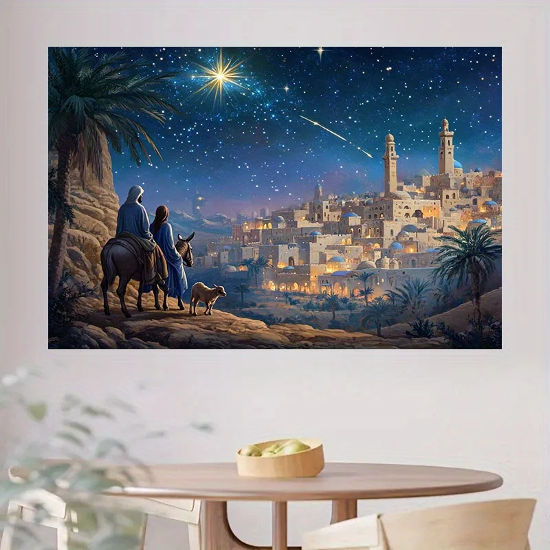 قطعة واحدة من خلفية القدس المرصعة بالنجوم - لافتة بوليستر بدون كهرباء مع ثلاثة رجال حكيمين وتصميم سيتي سكيب للعطلات