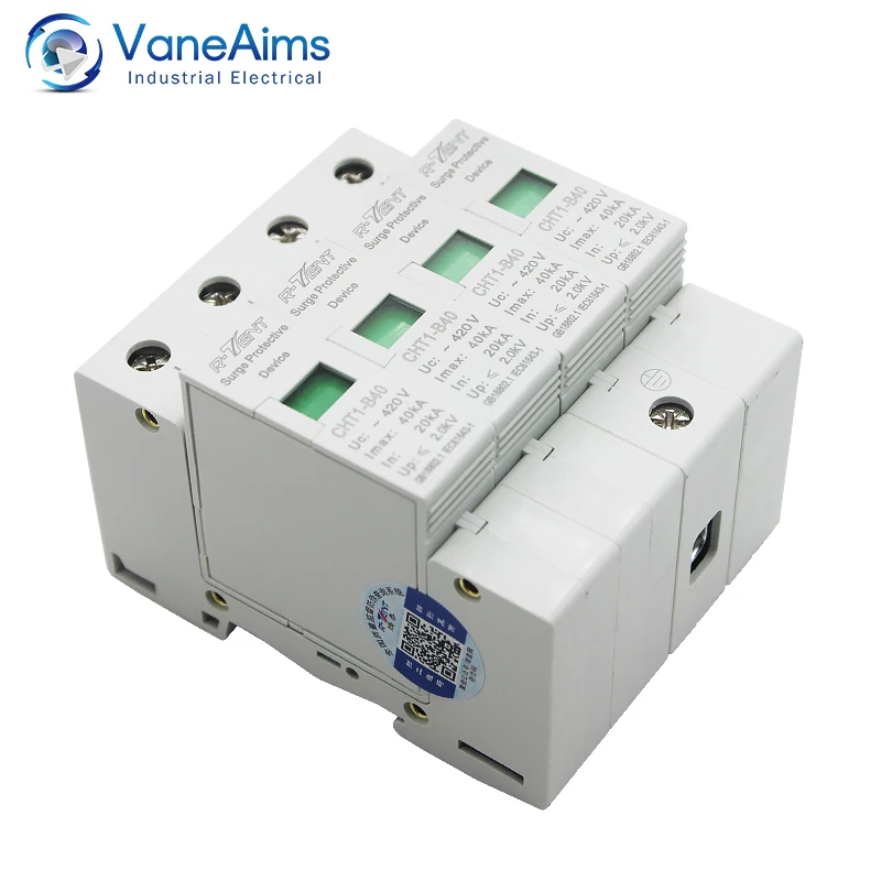 AC SPD 4P 20KA~40KA House Surge Protector Din Rail Mounting Lightning Protection Arrester Device for Solar Photovoltaic System