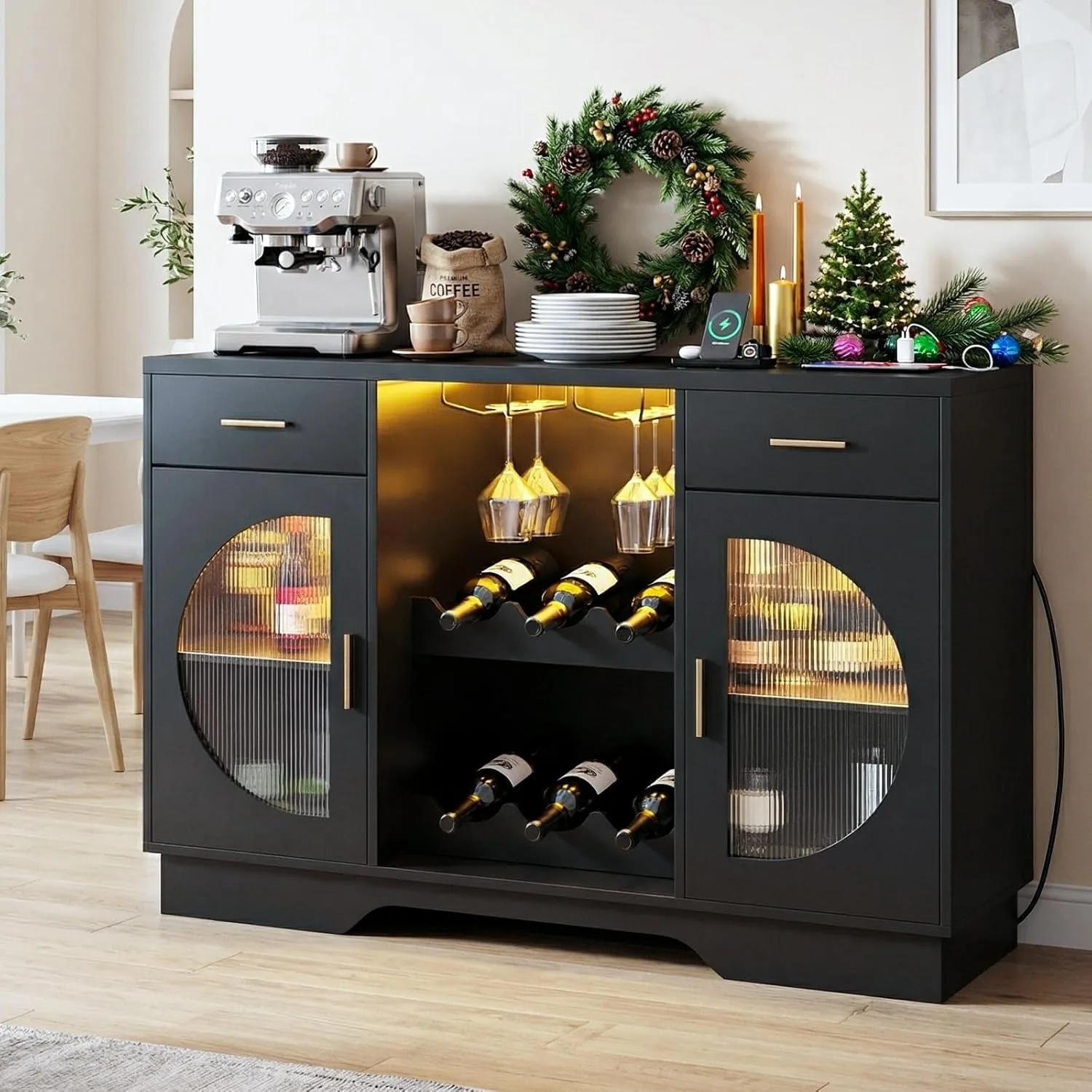 Coffee Bar Cabinet with Fridge Space Wine Bar LED Lights Power Outlet Glass Doors Freestanding Liquor Cabinet Black image 7