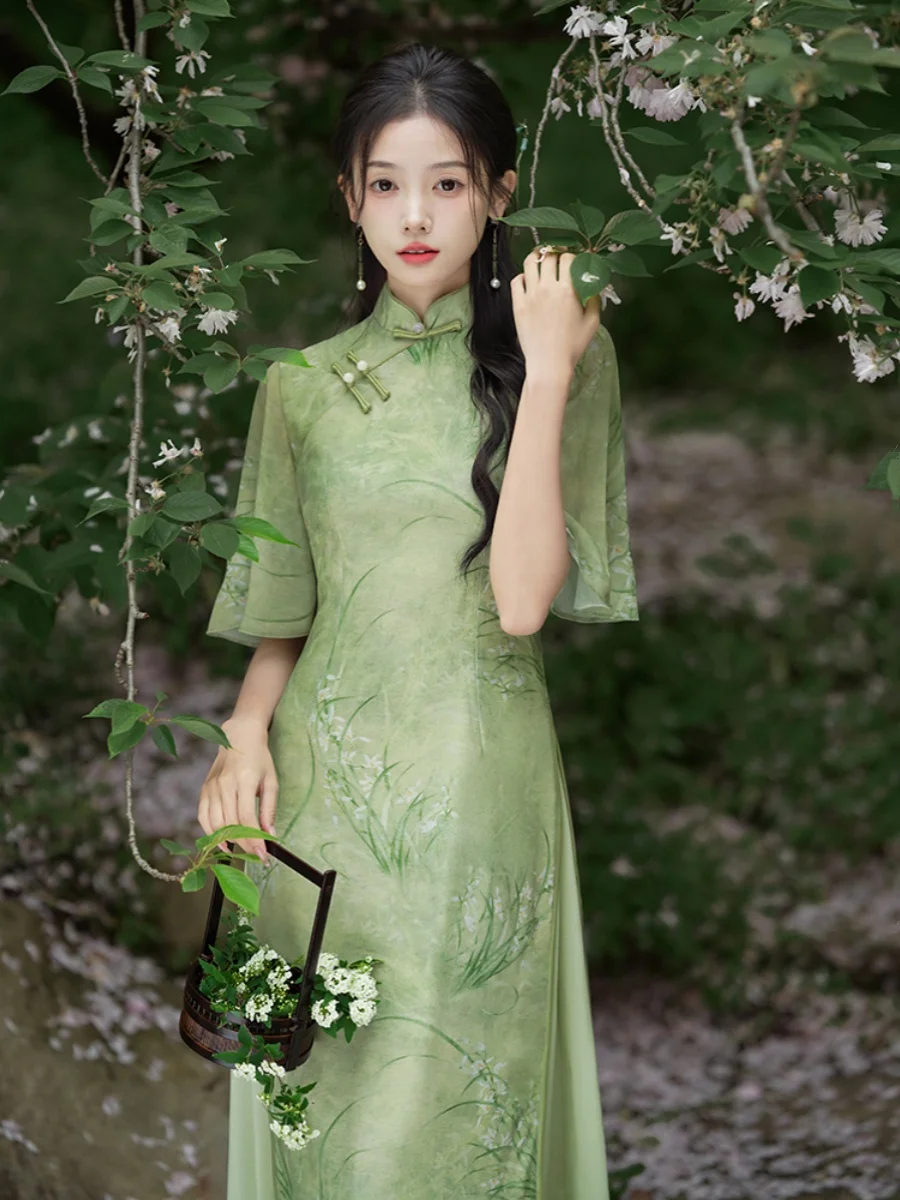 Elegant Young Style Retro Chinese Fashion  Dress New Normal Wearable Simple Chinese Style Long Qipao Dress Short Sleeve