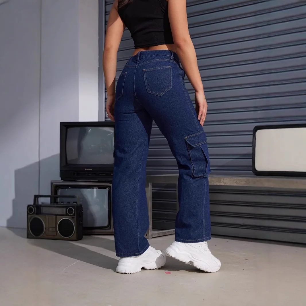

New Street Fashion American High-waisted Work Jeans.Women's Four-season New Fashion Flip Cover Pocket Design Straight Leg Jeans