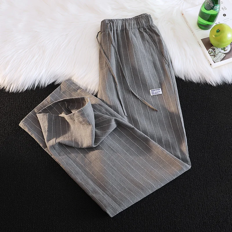 

Men's Summer Casual Pants Linen Cotton Stripe Thin Breathable Loose Fit Straight Leg Long Trousers Faionable Vintage Brand