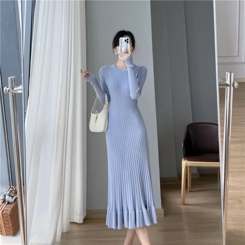 

Knitted One-piece Sweater Dress Women Spring Winter Korean High Elastic Long Dress Female Slim Wear Woolen Pleated Dress Y2k
