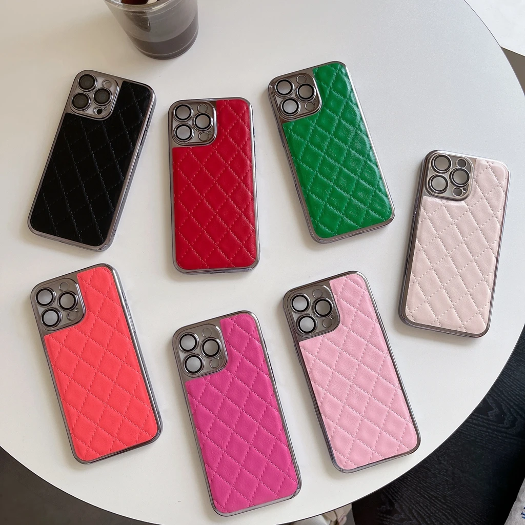 

Модный роскошный кожаный противоударный чехол с ромбической сеткой и серебряной каймой для iPhone 16, 15, 14, 13, 12 Pro Max