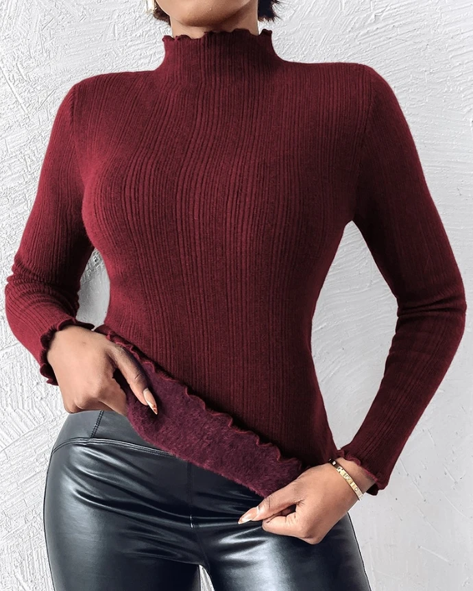 

Hoodie 2024 New Product Fashionable Wool Lined Stand Up Collar Long Sleeve Ruffle Sweater Warm Women's Tight In Stock Clothes