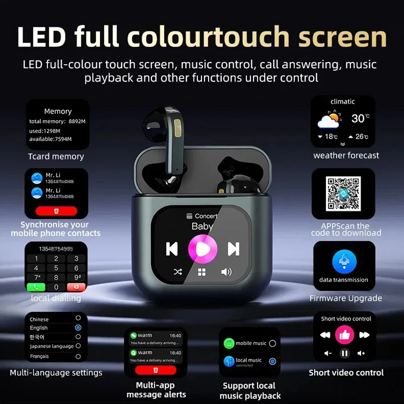 Screen Touch Bluetooth Earphone APP Message Reminder Dialing Video Switching Incoming Call Answering Report Name MP3