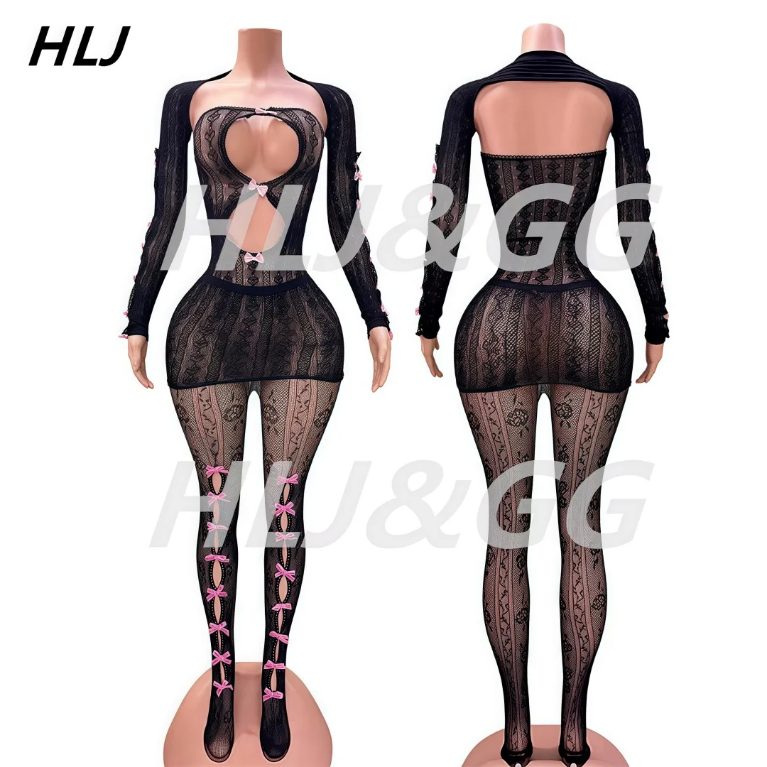 HLJ Sexy Mesh Bow Hollow Out Bodycon Mini Dress Women Long Sleeve See Though Slim Nightclub Vestidos Black Perspective Clothing