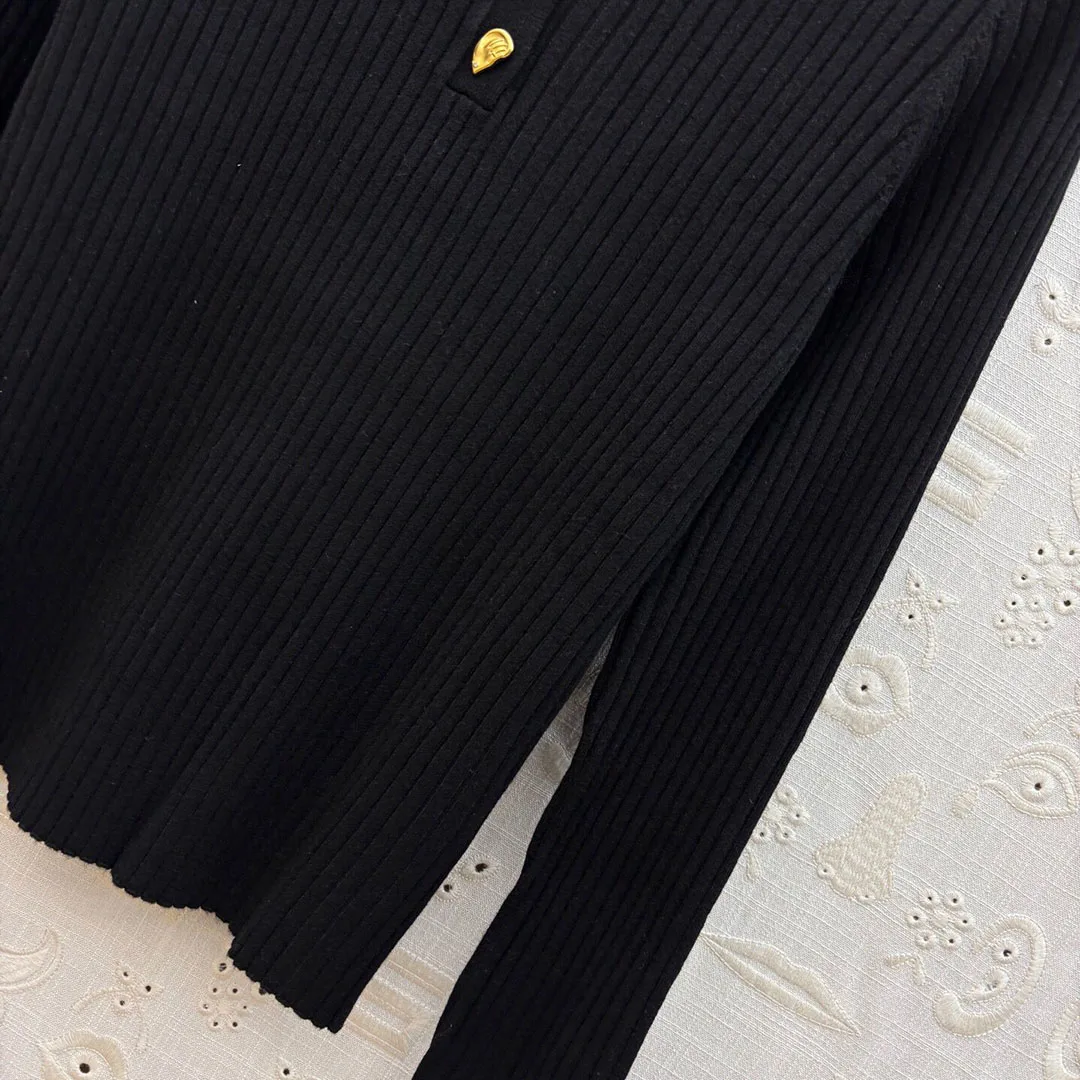 Novo outono básico all-matched pulôver de malha feminino lapela novidade botões manga longa cor sólida fino ajuste casual chique camisola