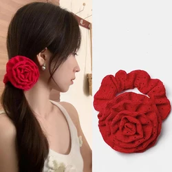 Women Red Rose Flower Elastic Hair Band For Women Girls Hair Rope Ties Flower Hair Scrunchie Ponytail Holder Hair Accessories