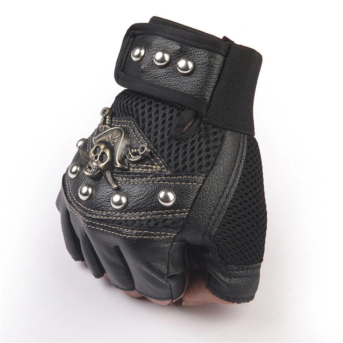 PU 가죽 핑거리스 장갑, 남녀 공용 해골 리벳 장갑, 해적 선장, 힙합 피트니스 장갑, 오토바이 타기용 장갑