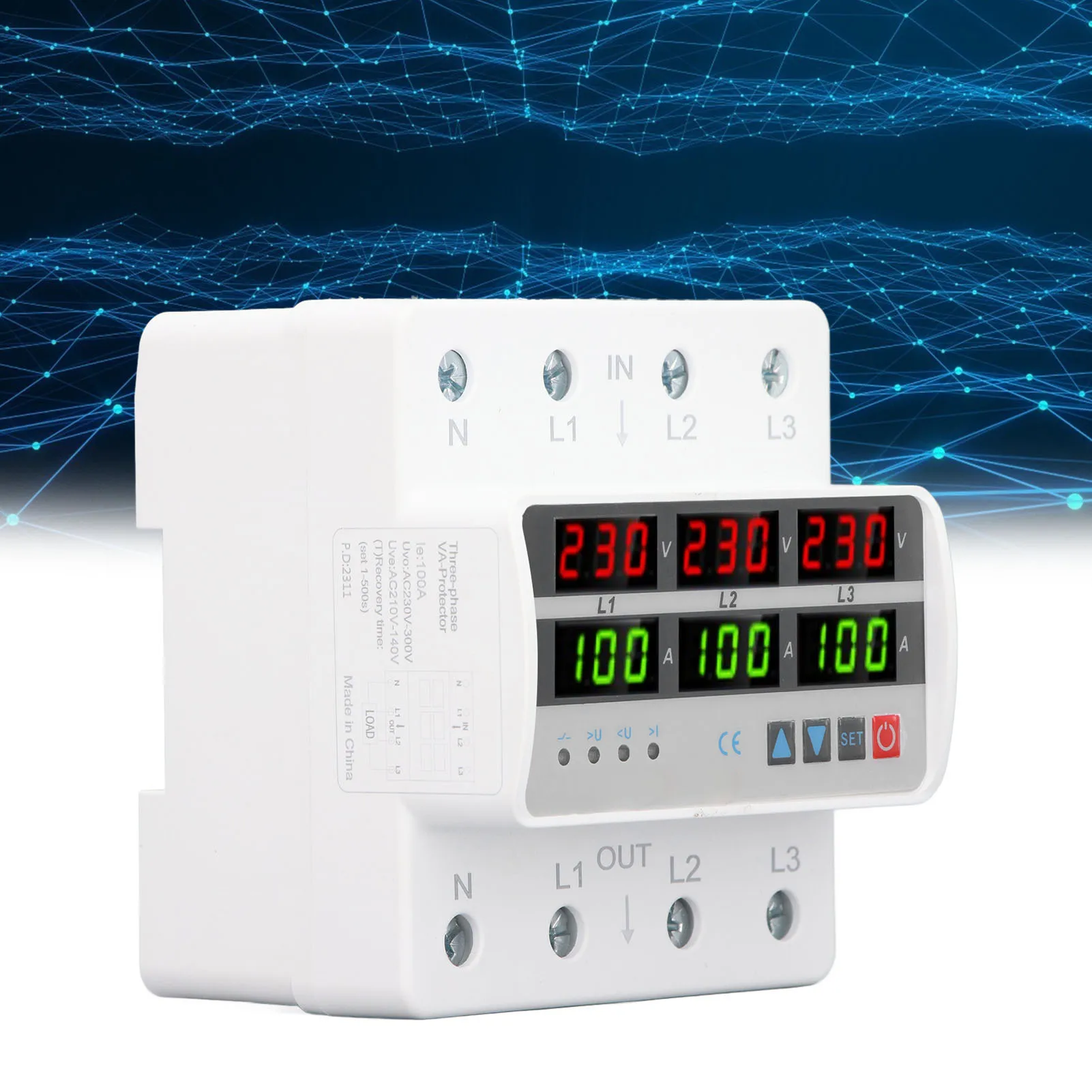 Over Under Voltage Protector 3 Phase Voltage Protective Device Self Resetting AC220V 380V for Electrical Application