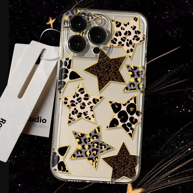 Leopard Print Star Pattern Clear Phone Case For Samsung Galaxy S26 S25 Ultra S24 S23 FE S22 S21 Plus S20 A73 Silicone Cover