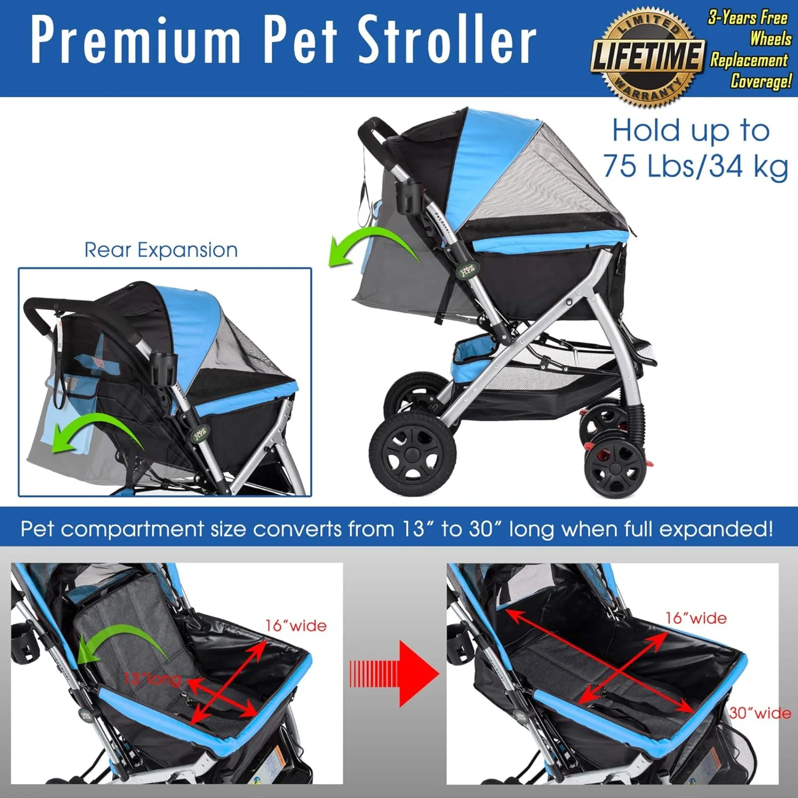 US PET Rover Premium Heavy Duty Dog/Cat/Pet Stroller Travel Carriage with Convertible Compartment/Zipperless