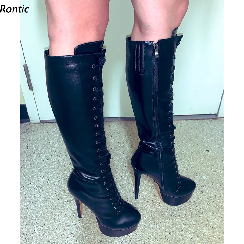 

Rontic Handmade Women Winter Platform Knee Boots Side Zipper Stiletto Heels Round Toe Elegant Black Night Club Shoes Size 5-20