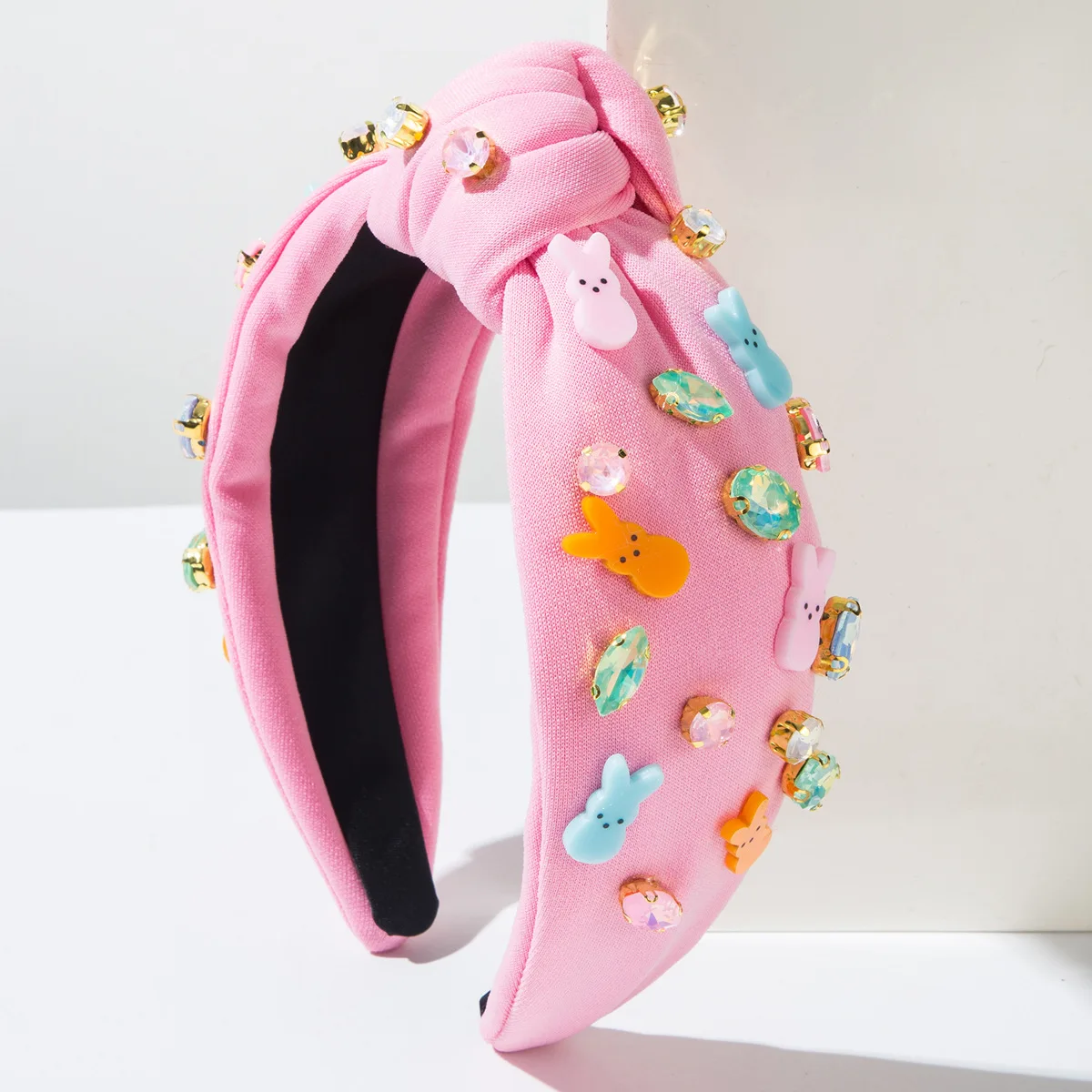 

Easter Bunny Knotted Headband for Women, Pink Padded Rhinestone Hair Hoop, Cute Holiday Hair Accessories