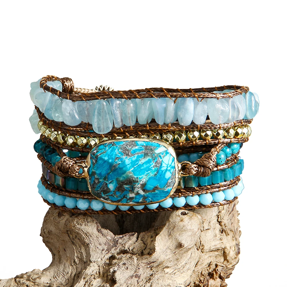 Fashion Bohemian Ethnic Style Natural Stone Glass Handwoven Bracelet, Emperor Stone Charm 5 Strand Wrap Bracelet