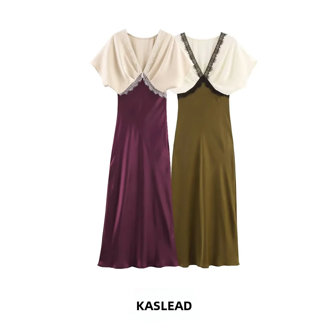 KASLEAD Nuovo Midi Dr da donna impreziosito da volant in raso di seta con texture Colore Colion 6577 Faionable Ci Commute