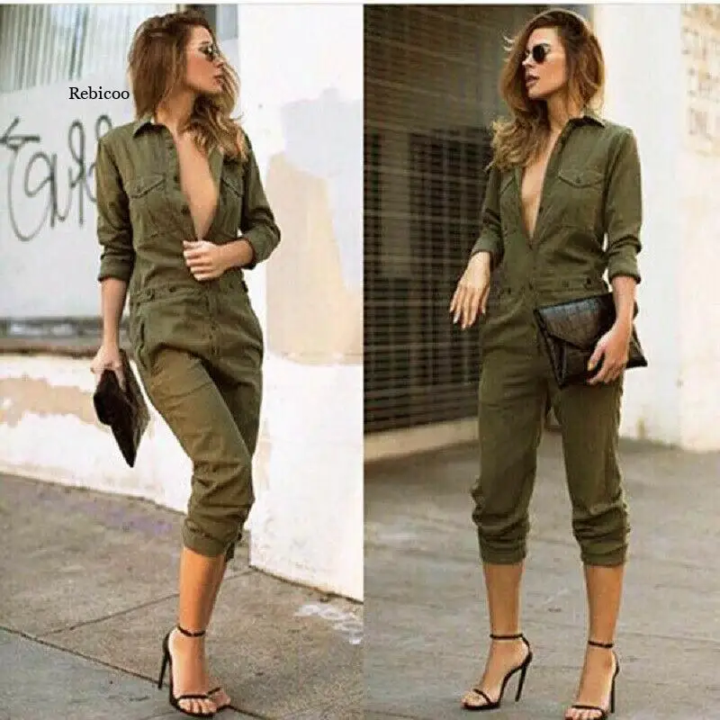 Nova moda feminina magro bodycon macacão de manga longa do exército verde sólido casual romper senhoras vintage macacão longo calça macacão