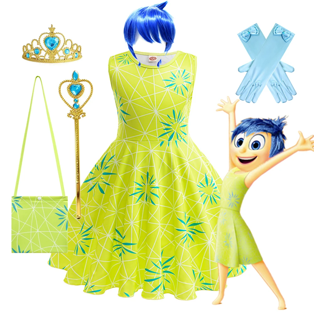 

Joy Princess Dress Girls Inside Out 2 Cosplay Costume Cartoon Flower Dresses+Bow+Belt+Scarf +Wig Joy Halloween Carnival Clothing