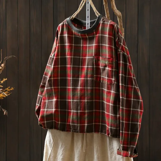 Women Autumn Mori Girl Vintage Plaid Pocket Front Cotton T-Shirts Japanese O-Neck Long Sleeve Casual Loose Pullover Tee Shirt