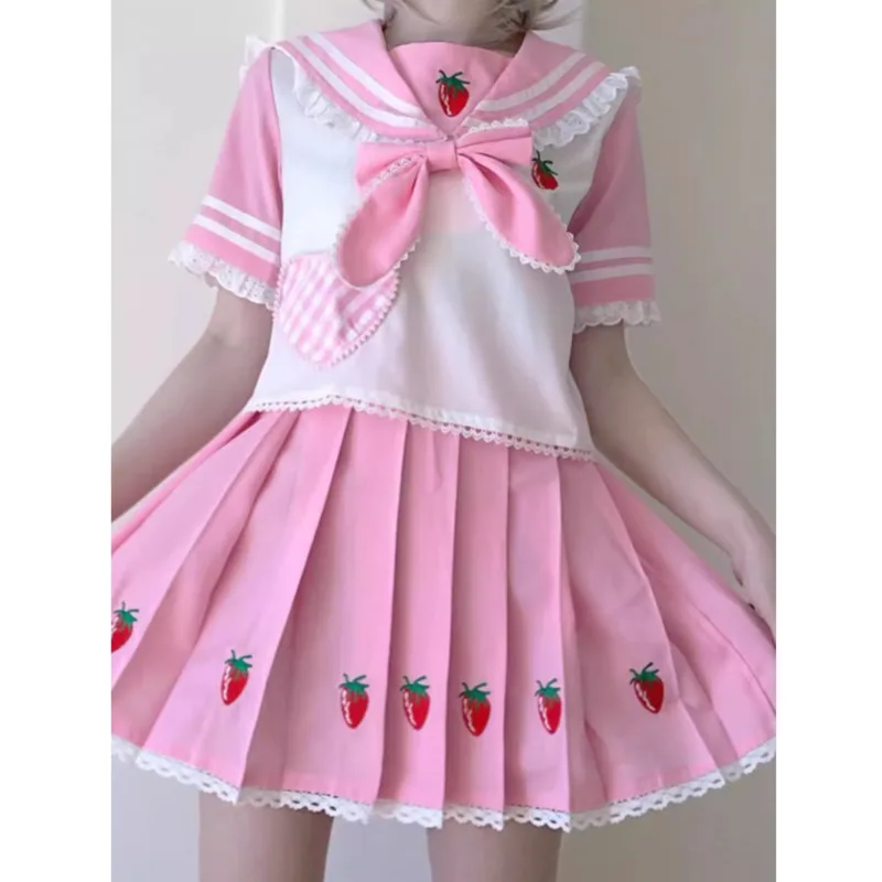 Strawberry JK Uniform Set Y2K Kawaii Lolita Outfit Sailor Collar Top Pleated Skirt 2 Piece Girl Summer Cosplay Top Dress Set New