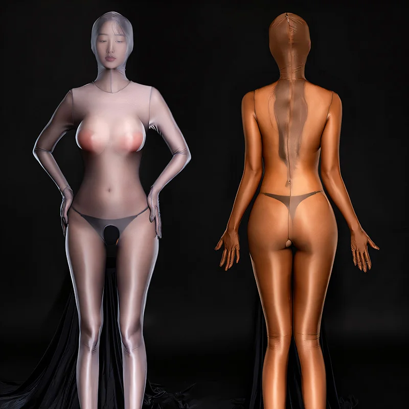 Sexy Oil Shiny Full Body Zentai Bodysuits Women See Through Open Crotch Jumpsuits Erotic Leotard Elastic Tights Cocoons Catsuits