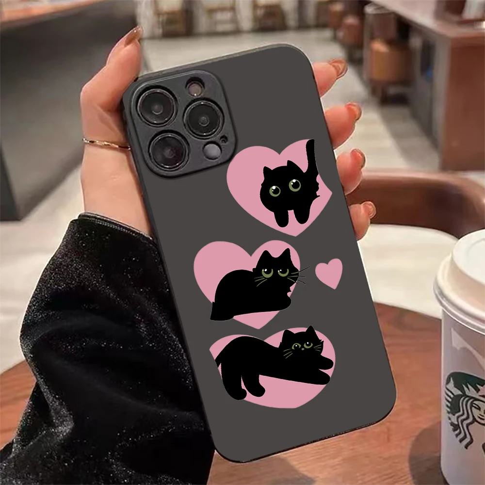 

Cute Love Black Cat Phone Case For iPhone 17 16 15 11 12 14 13 Pro Max Mini X XS XR 7 8 Plus SE 16E Silicone Back Cover Fundas