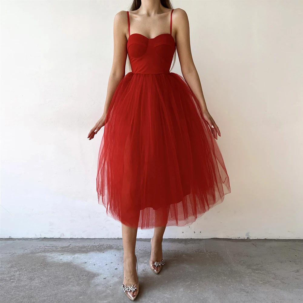 Vestido de noche árabe para ocasiones formales, traje rojo Simple, largo hasta el té, con tirantes finos, para fiesta de graduación, cóctel, 2024