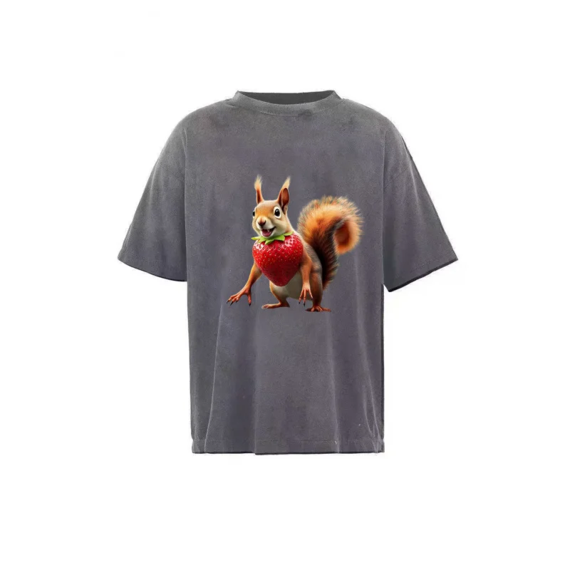 تي شيرت رجالي مغسول باللون الأسود على شكل سنجاب لتناول الطعام بالفراولة نمط مطبوع عالي الجودة 100% قطن 230 جرام