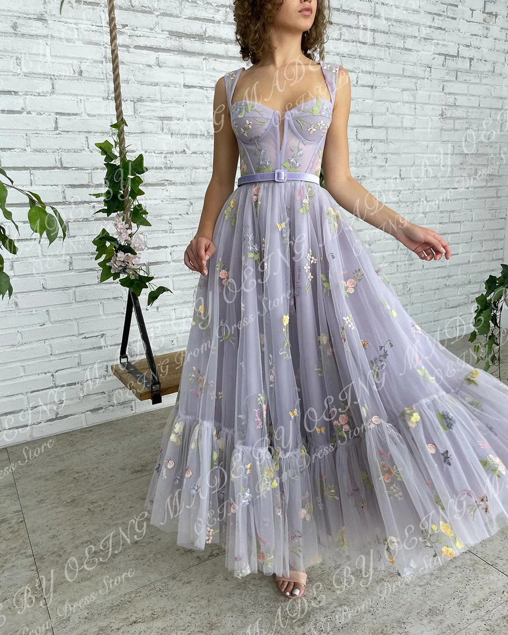 OEING Lavender A Line Long Prom Dresses Sweetheart Spaghetti Strap Embroidery Tulle Evening Gowns Formal Wedding Party Dress