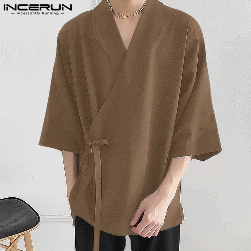 INCERUN Tops 2024 Korean Style Handsome Men's Solid Tie Up Design Shirts Casual Streetwear Medium Sleeved Cardigan Blouse S-5XL