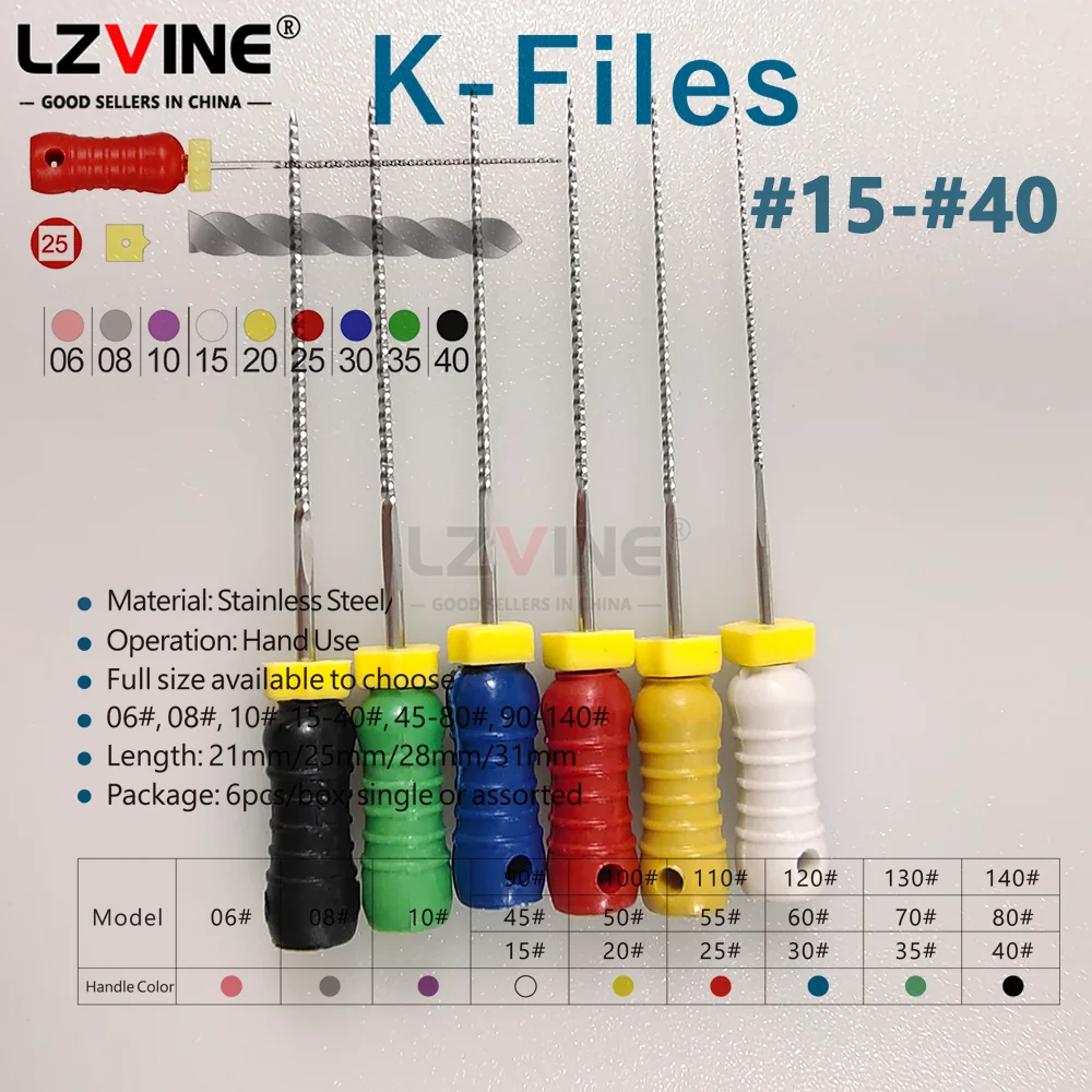 6Pcs/Pack Dental K Files 25mm Single Size10#/15# Assorted15-40 Dental Stainless Steel Hand Use Endodontic Root Canal HRC+File