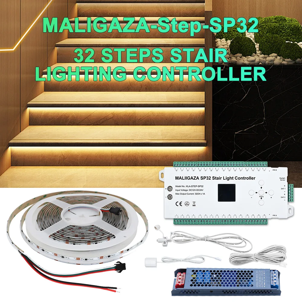 

PIR Motion Sensor Stair Light 1-32 Steps Staircase Lights 24V Step Lamp and Addressable Side COB LED Strip with Daylight Sensor