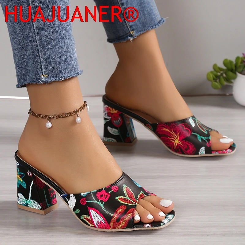 

Womens Sandals Printed Summer 2026 New Thick-heeled Popular High-heeled Sexy All-match Half-slippers Open Toe Casual Basic Shoes