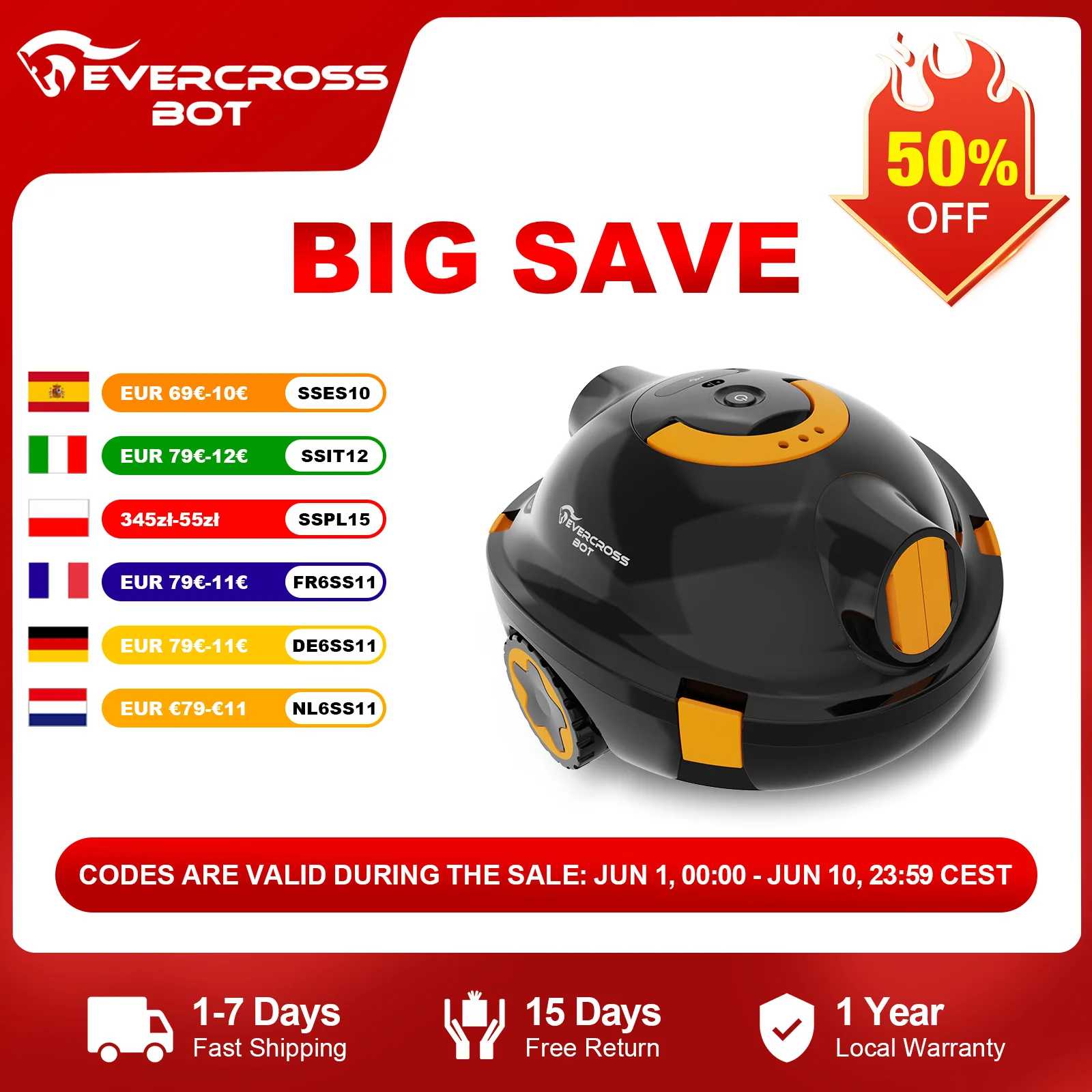 Robots para piscinas EVERCROSSBOT Y10, 100 minutos de limpieza del fondo, área de limpieza de 120 m², función de estacionamiento automático, filtro de 180 μm
