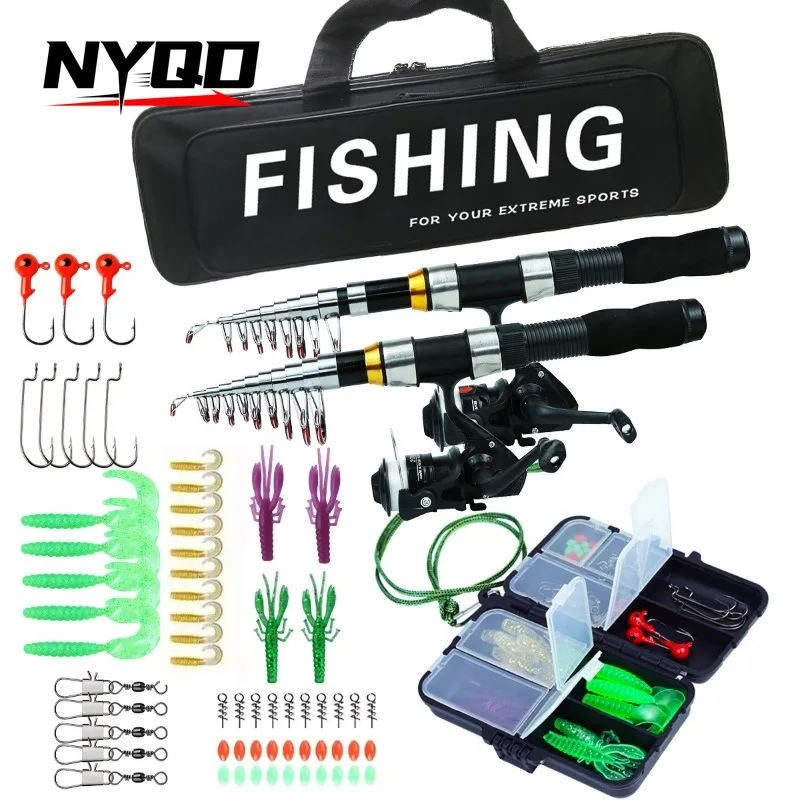 

Two Sets of Double Rod Reels 2.1m 2.3m Telescopic Fishing Rod Reel Combination Carbon Fiber Rod Spinning Reel Fishing Bag