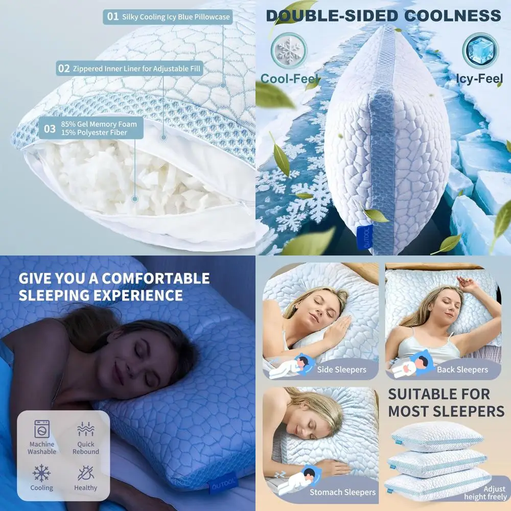 

Queen Size Gel-Infused Memory Foam Pillows - Cooling & Adjustable for Side, Back, Stomach Sleepers