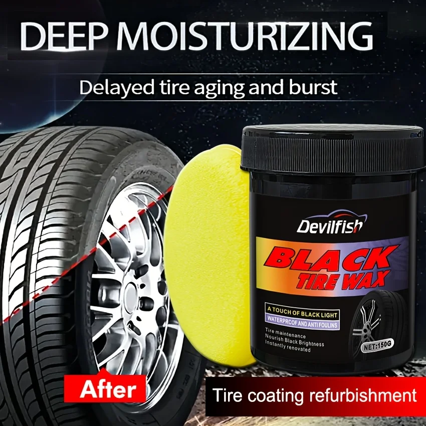150g Devifish Black Tire Wax with Sponge - UV Protection, Long-Lasting Shine, Prevents Aging & Scratch Repair