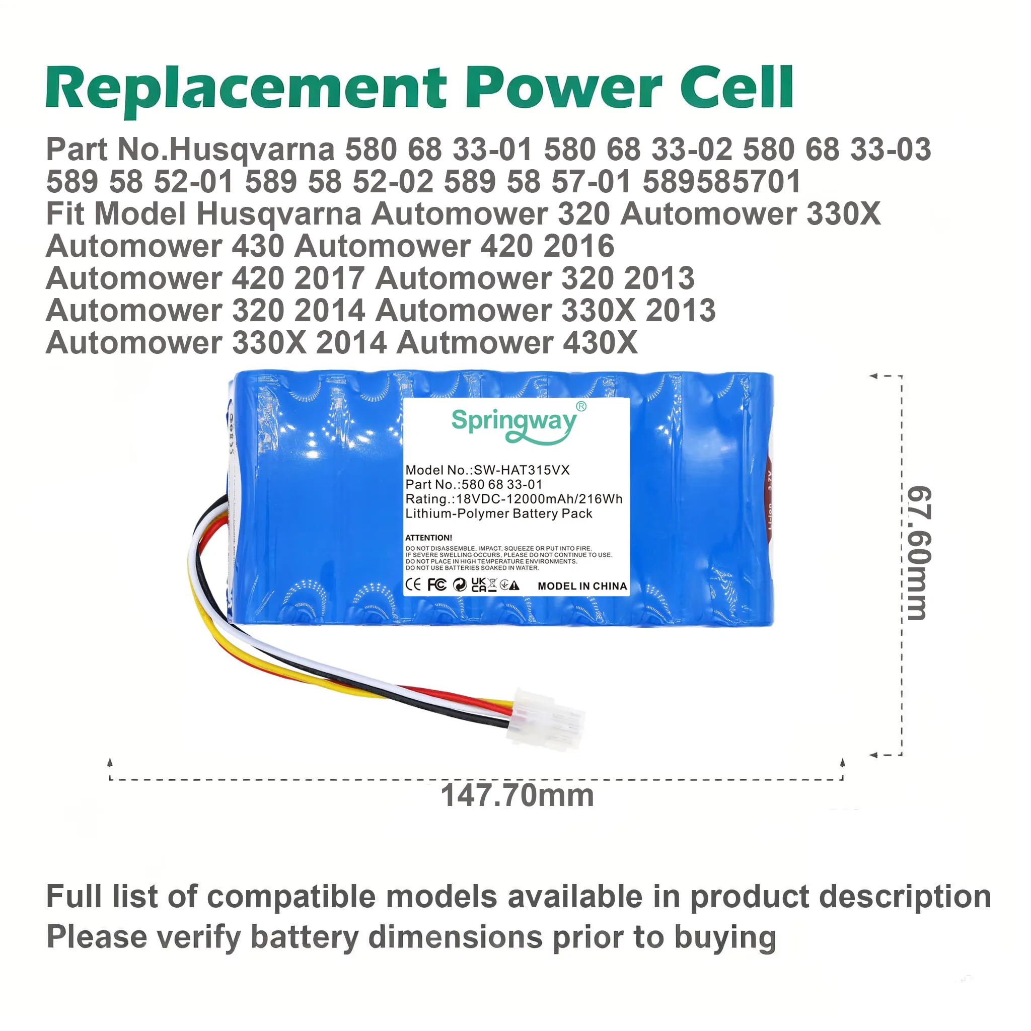 12000mAh Lawn Mowers Battery Compatible with Husqvarna Automower 320 330X 420 430 430X 550 440 450X 520 550 - Year Note