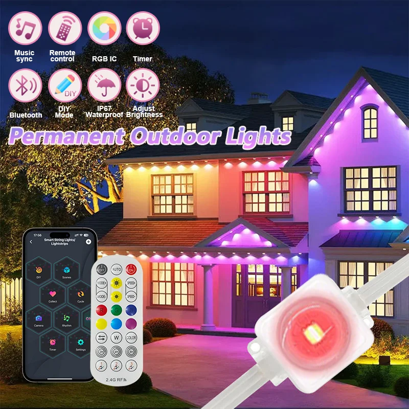 أضواء خارجية دائمة أضواء الطنف الذكية مع التطبيق وجهاز التحكم عن بعد IP67 أضواء سلسلة LED مقاومة للماء لتزيين سقف العطلات