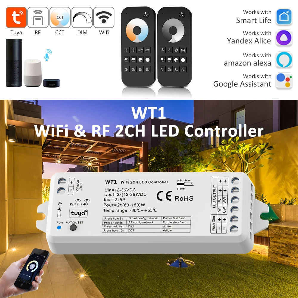 Tuya Wifi DC 12V 24V 36V LED Dimmer Single Color Dual White CCT Strip Light Controller Work with Smart Life Yandex Alice Alexa