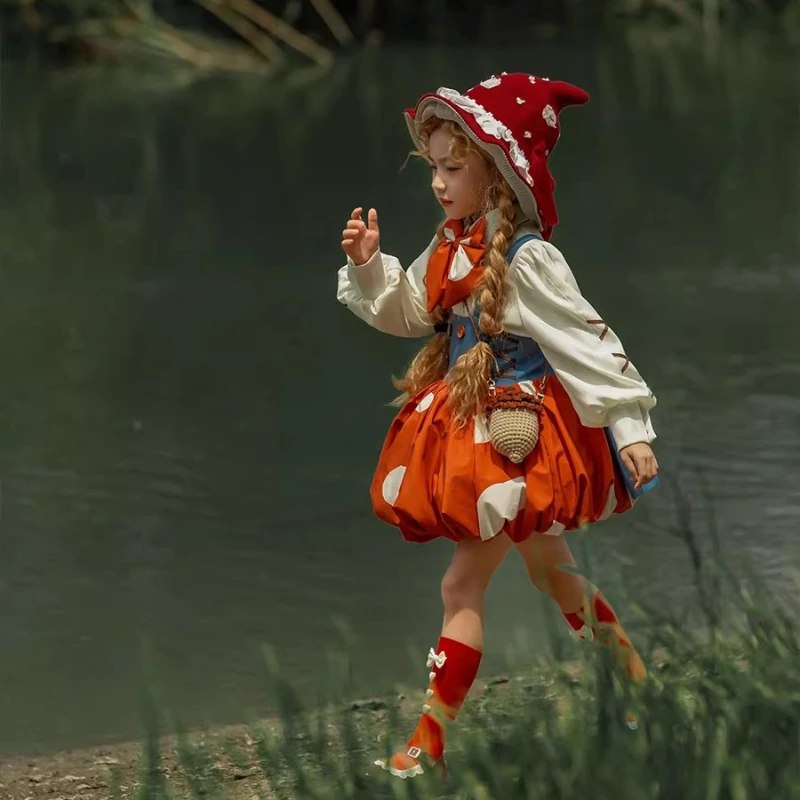 Handmade Princess Wedding Party Dress for Flower Girls Children Little Red Riding Hood Mushroom Lolita Style Show Costume
