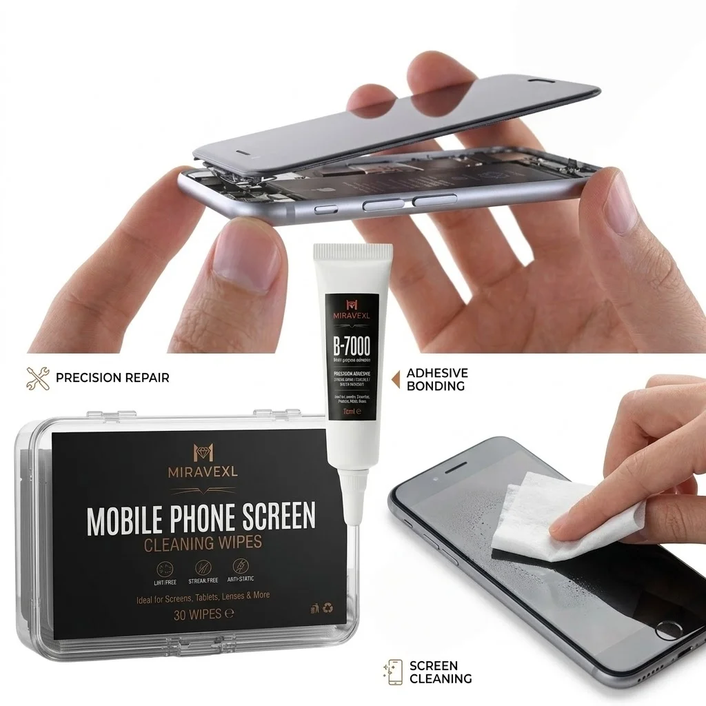 MIRAVEXL B-7000 Screen Repair Glue 25ml/15ml with 30 Pcs Streak-Free Screen Cleaning Wipes Kit for Smartphone Tablet Glass Fix