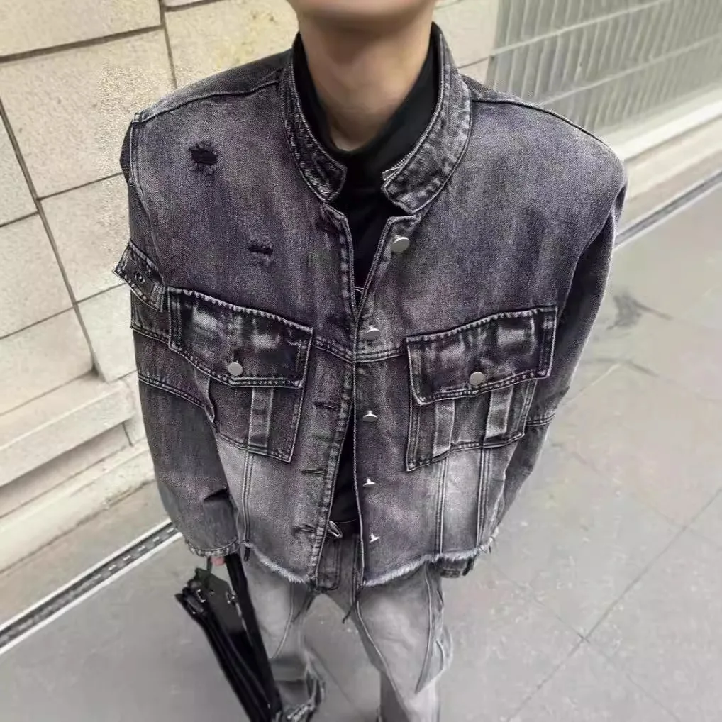 

2026 Men's Raw Edge Autumn High Street Loose Stand Up Collar Workwear Casual Versatile Denim Jacket