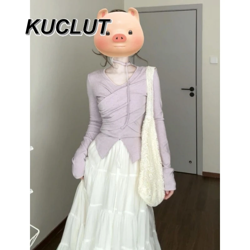 ربيع الخريف ملابس غير رسمية الكورية نمط أنيق قطعتين مجموعات للنساء الأرجواني غير النظامية أعلى + كعكة بيضاء تنورة طويلة مجموعة