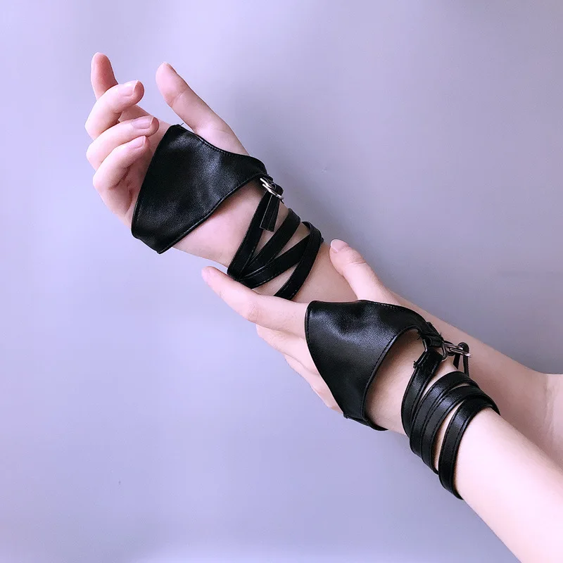 

Women Sexy Black Tie Straps PU Leather Fingerless Night Club Glove Female Gothic Punk Rock Hip Hop Performing Dance Mitten G201