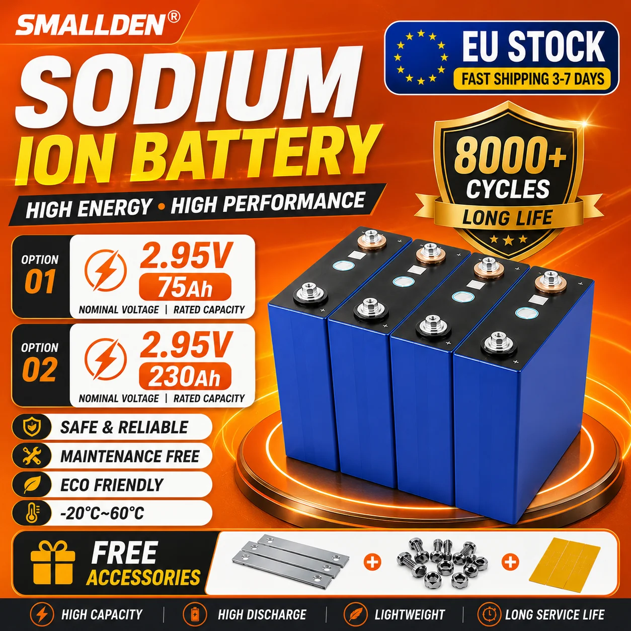 Batterie Sodium-Ion 2.95V 75Ah/230Ah en Stock UE, Vente Chaude, 8000 Cycles, DIY 12V 24V pour Chariot de Golf, Voiture Électrique, EV, Charge Rapide, Longue Durée de Vie
