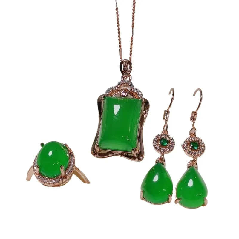 

Natural Ice Chalcedony Silver Inlaid 3-piece Combination Set Green Chalcedony Ring Necklace Earrings Emperor Green