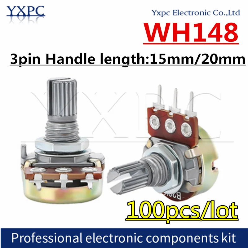 

100pcs WH148 Potentiometer 3pin B1K B2K B10K 1K 2K 5K 10K 20K 50K 100K 250K 500K 1M Ohm Linear Taper Rotary Potentiometer